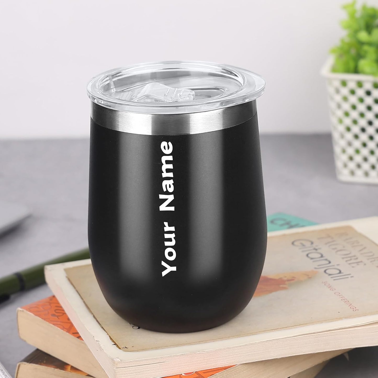 Customised Insulated Coffee Mug | Stainless Steel Tumbler with Lid & Straw | Leakproof, Double Walled Vacuum Travel Mug for Hot & Cold Drinks | Black, 350 ml