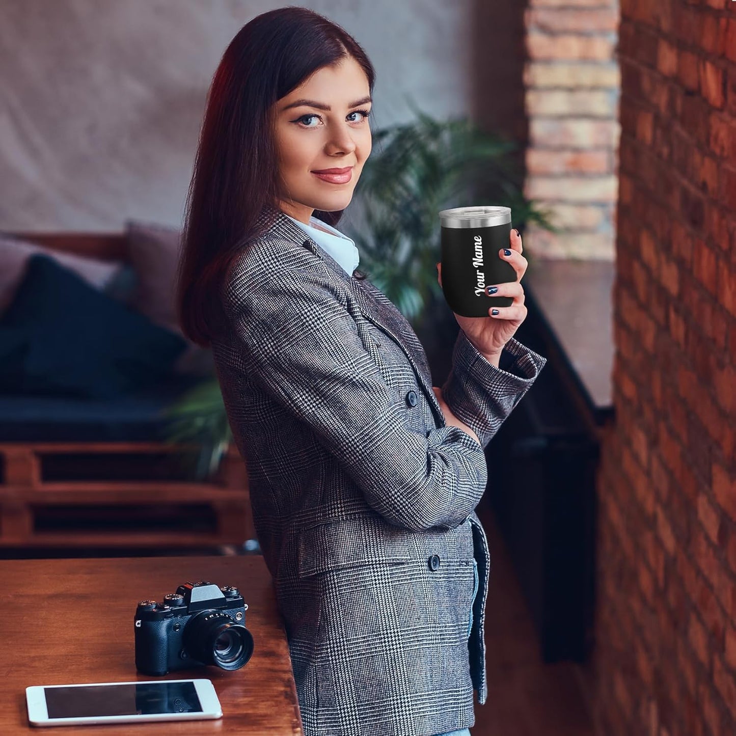 Customised Insulated Coffee Mug | Stainless Steel Tumbler with Lid & Straw | Leakproof, Double Walled Vacuum Travel Mug for Hot & Cold Drinks | Black, 350 ml
