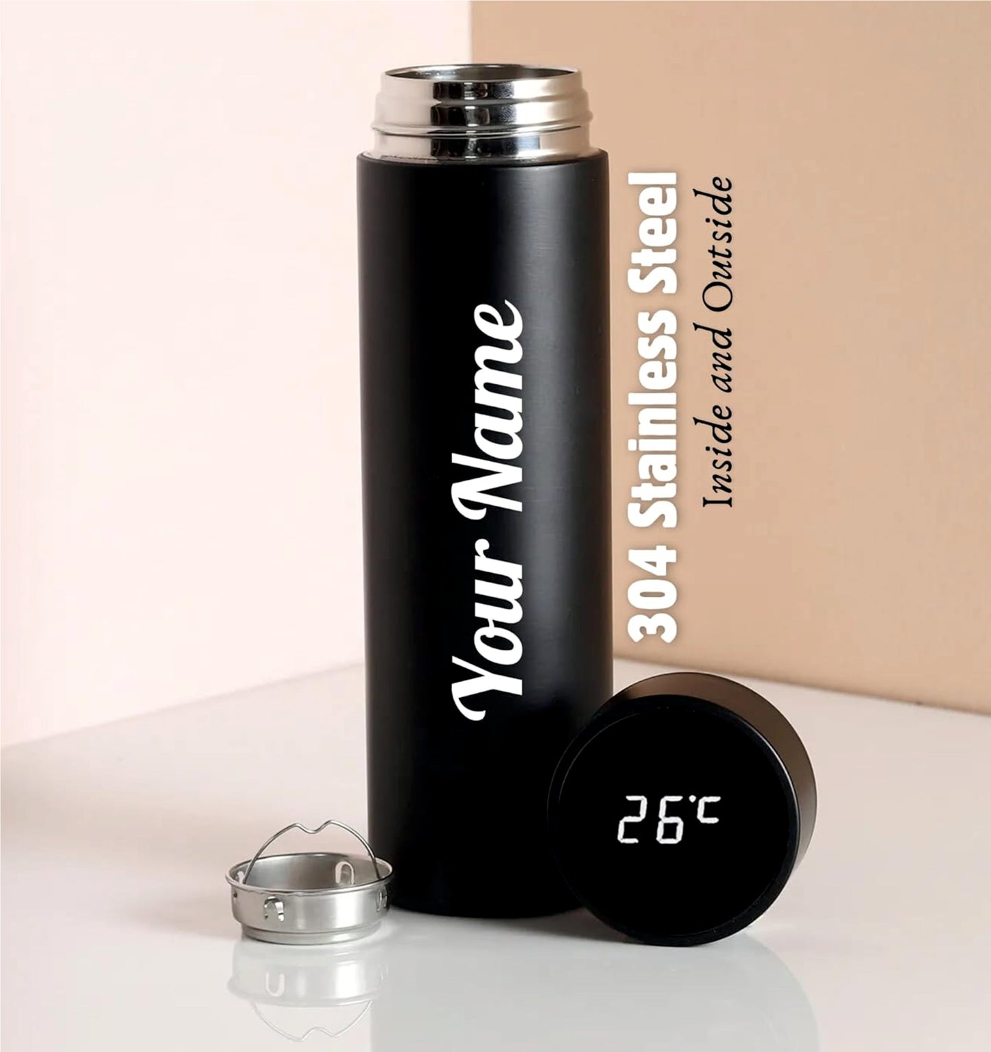 Personalized Stainless Steel Water Bottles - 500 ml | LED Temperature Display on Lid - Double Wall Vacuum Insulated Sports Bottle Flask for Hot and Cold Drinks