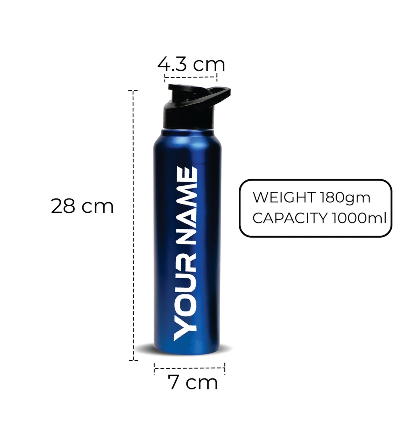 customized Stainless Steel Water Bottle - 1000 ml - Rust-Free, Leakproof Single Wall Bottle with Easy Carry Handle for School, Office, Gym, Travel (Blue)