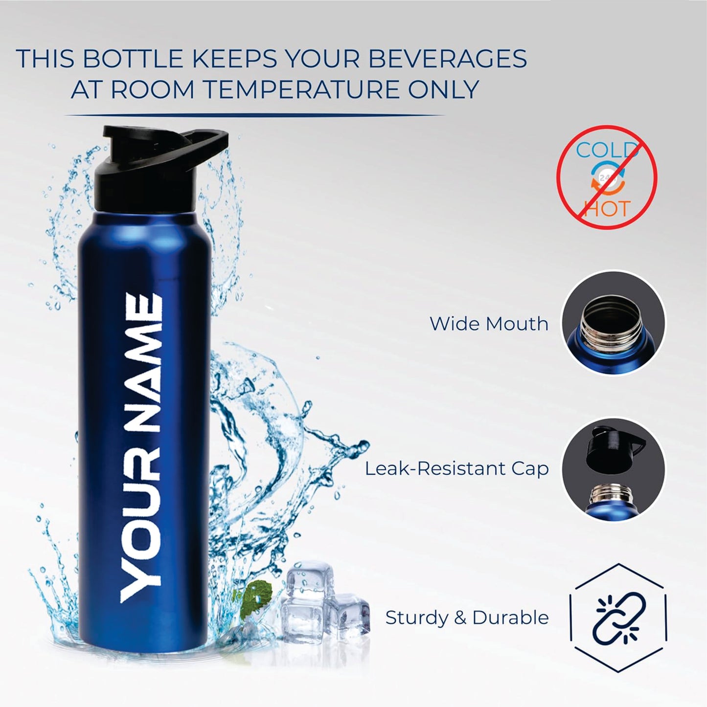 customized Stainless Steel Water Bottle - 1000 ml - Rust-Free, Leakproof Single Wall Bottle with Easy Carry Handle for School, Office, Gym, Travel (Blue)
