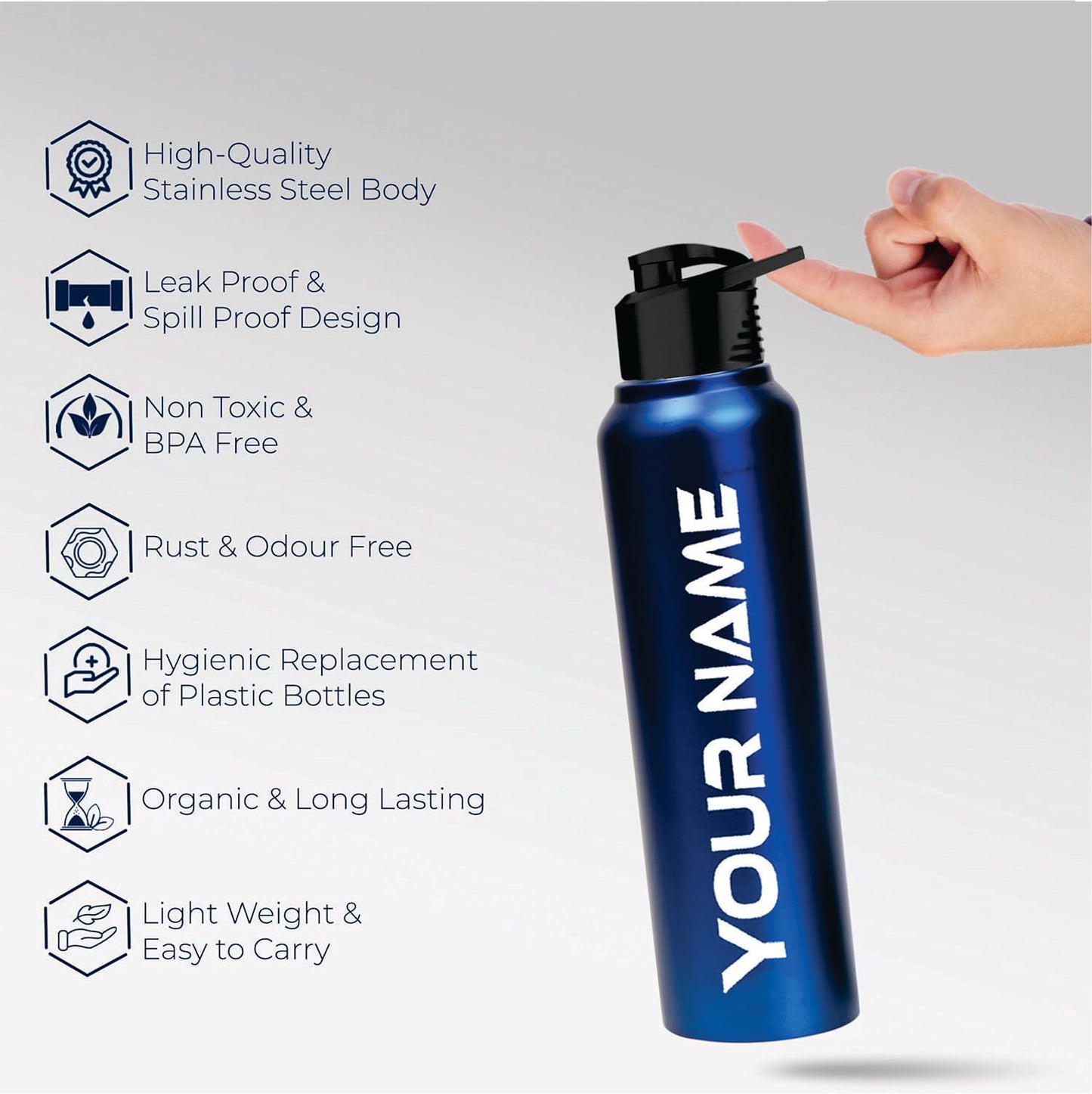 customized Stainless Steel Water Bottle - 1000 ml - Rust-Free, Leakproof Single Wall Bottle with Easy Carry Handle for School, Office, Gym, Travel (Blue)