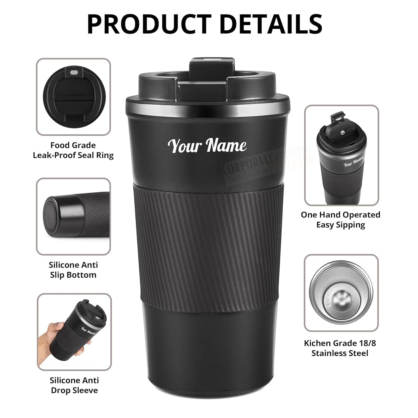 Customized Insulated Travel Coffee Mug 2.0 | Double Wall Stainless Steel Tumbler with Spill-Proof Flip Lid for Hot and Ice Beverages| Portable Coffee Cup (Black, 380ml)