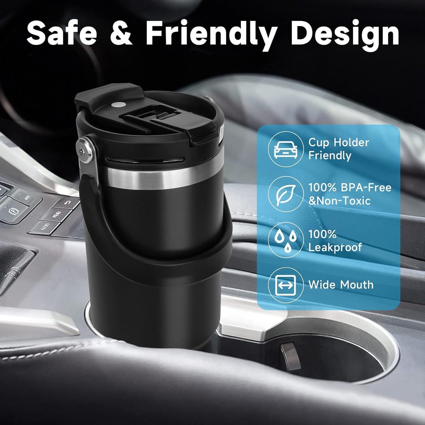 Customized Stainless Steel Tumbler with Handle & Lid | Double Wall Vacuum Insulated Hot & Cold Coffee Mug | Leak Proof Mug, Travel Cup for Office, Gym, Commute (Black, 1200 ml)
