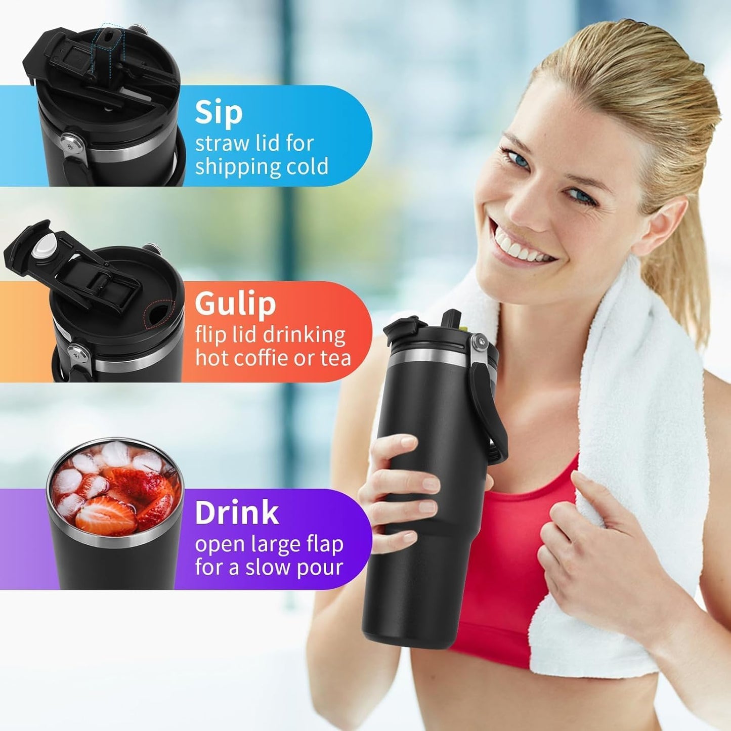 Customized Stainless Steel Tumbler with Handle & Lid | Double Wall Vacuum Insulated Hot & Cold Coffee Mug | Leak Proof Mug, Travel Cup for Office, Gym, Commute (Black, 1200 ml)