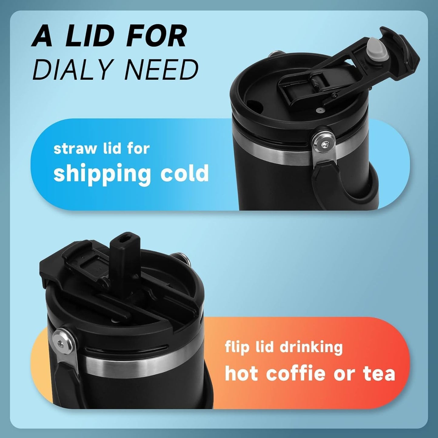 Customized Stainless Steel Tumbler with Handle & Lid | Double Wall Vacuum Insulated Hot & Cold Coffee Mug | Leak Proof Mug, Travel Cup for Office, Gym, Commute (Black, 1200 ml)