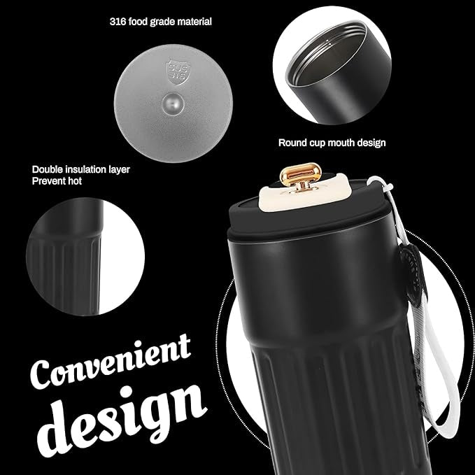 Customized Coffee Mug Cup Digital Display, Thermos Flasks, 460 ml, 316 Stainless Steel Travel Mug, Insulated Vacuum Thermal Mug, Leak-Proof Travel Mug with Lid for Coffee (Black)