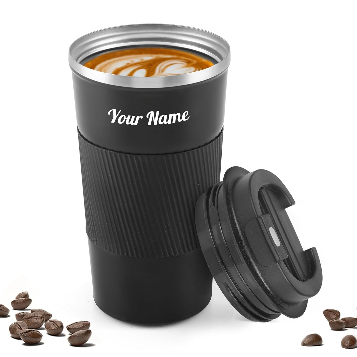 Customized Insulated Travel Coffee Mug 2.0 | Double Wall Stainless Steel Tumbler with Spill-Proof Flip Lid for Hot and Ice Beverages| Portable Coffee Cup (Black, 380ml)