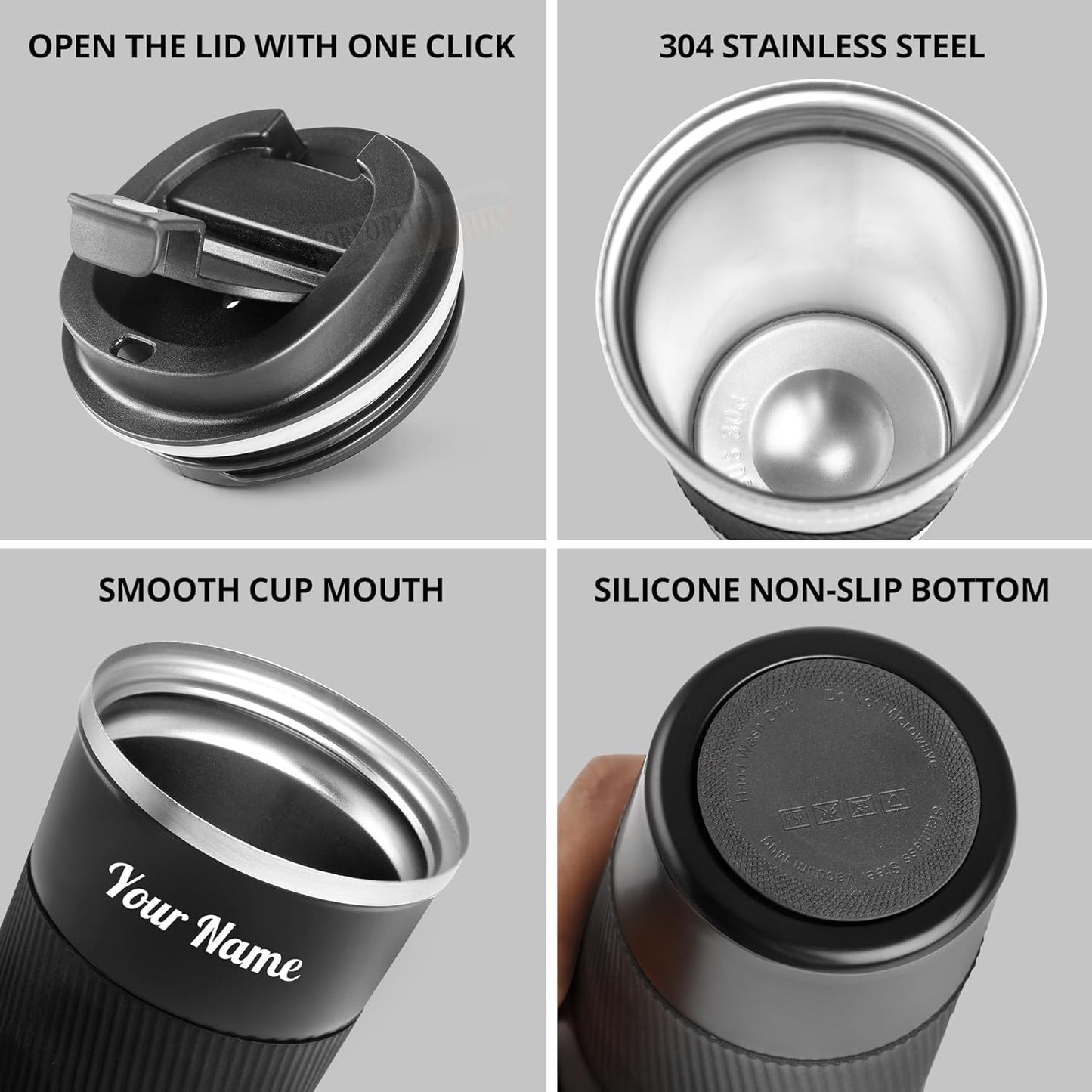 Customized Insulated Travel Coffee Mug 2.0 | Double Wall Stainless Steel Tumbler with Spill-Proof Flip Lid for Hot and Ice Beverages| Portable Coffee Cup (Black, 380ml)