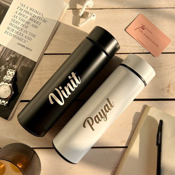 Combo of Two Personalized Stainless Steel Water Bottles - 500 ml | LED Temperature Display on Lid - Double Wall Vacuum Insulated Sports Bottle Flask for Hot and Cold Drinks