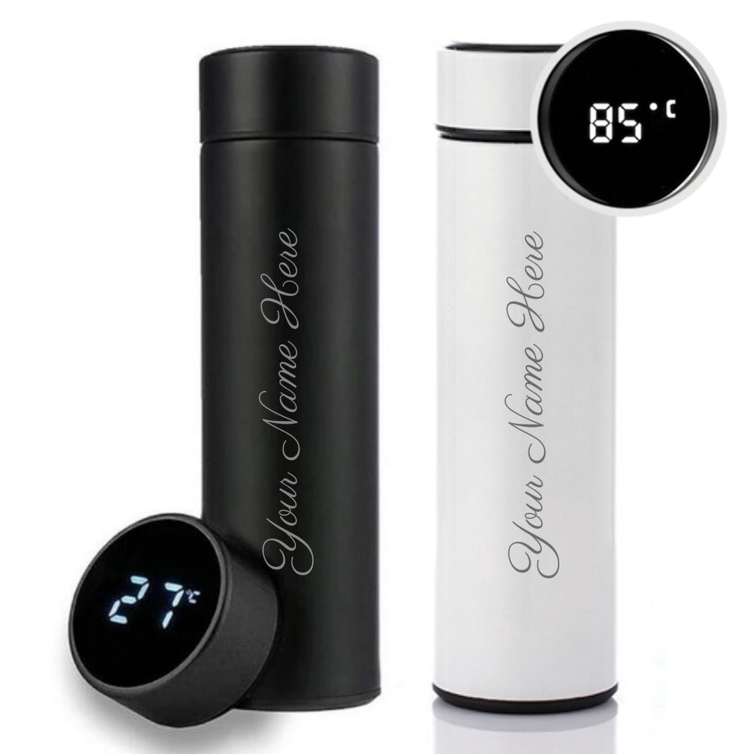 Combo of Two Personalized Stainless Steel Water Bottles - 500 ml | LED Temperature Display on Lid - Double Wall Vacuum Insulated Sports Bottle Flask for Hot and Cold Drinks