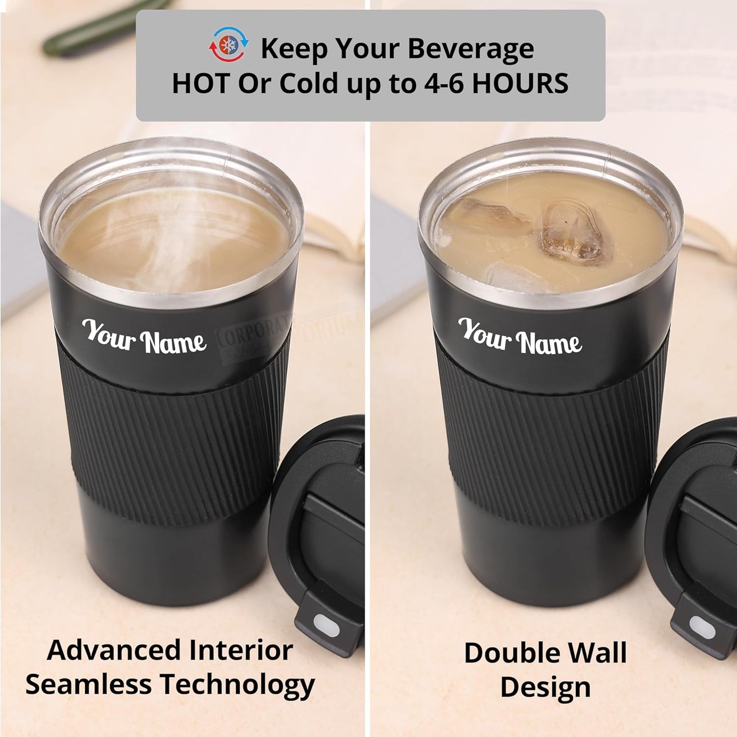 Customized Insulated Travel Coffee Mug 2.0 | Double Wall Stainless Steel Tumbler with Spill-Proof Flip Lid for Hot and Ice Beverages| Portable Coffee Cup (Black, 380ml)