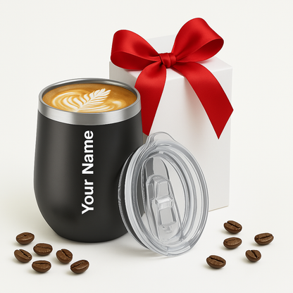 Customised Insulated Coffee Mug | Stainless Steel Tumbler with Lid & Straw | Leakproof, Double Walled Vacuum Travel Mug for Hot & Cold Drinks | Black, 350 ml