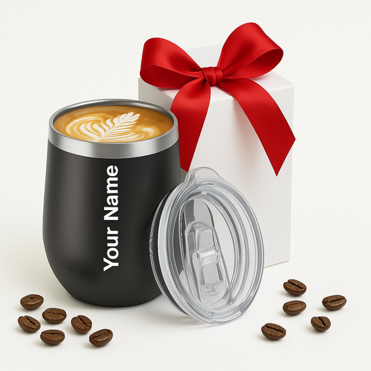 Customised Insulated Coffee Mug | Stainless Steel Tumbler with Lid & Straw | Leakproof, Double Walled Vacuum Travel Mug for Hot & Cold Drinks | Black, 350 ml