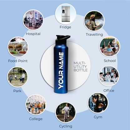 customized Stainless Steel Water Bottle - 1000 ml - Rust-Free, Leakproof Single Wall Bottle with Easy Carry Handle for School, Office, Gym, Travel (Blue)
