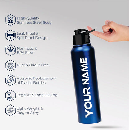 customized Stainless Steel Water Bottle - 1000 ml - Rust-Free, Leakproof Single Wall Bottle with Easy Carry Handle for School, Office, Gym, Travel (Blue)