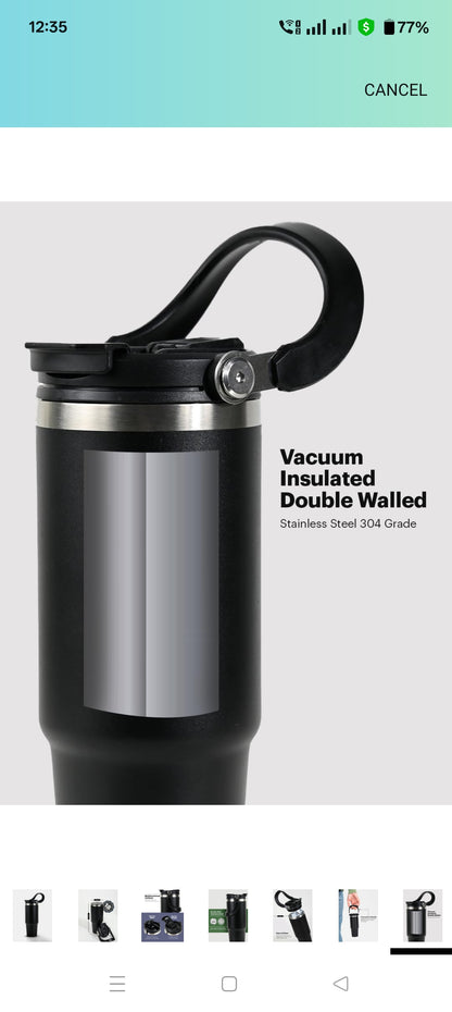 Customized Stainless Steel Tumbler with Handle & Lid | Double Wall Vacuum Insulated Hot & Cold Coffee Mug | Leak Proof Mug, Travel Cup for Office, Gym, Commute (Black, 1200 ml)