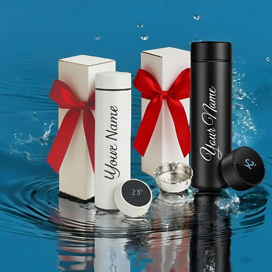 Combo of Two Personalized Stainless Steel Water Bottles - 500 ml | LED Temperature Display on Lid - Double Wall Vacuum Insulated Sports Bottle Flask for Hot and Cold Drinks