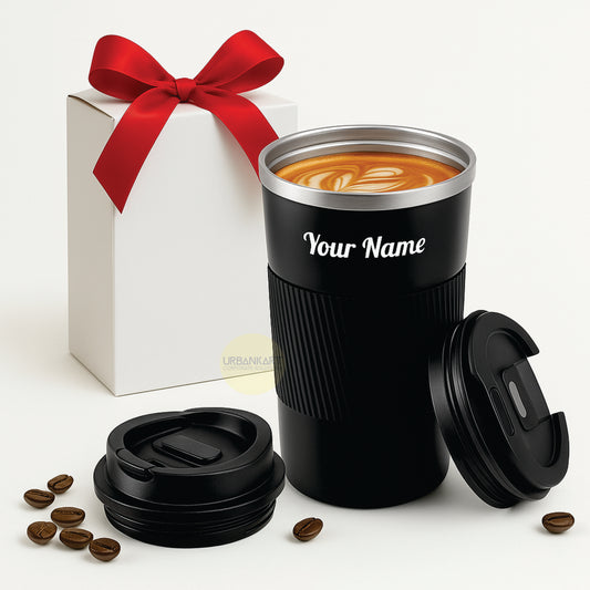 Customized Insulated Travel Coffee Mug 2.0 | Double Wall Stainless Steel Tumbler with Spill-Proof Flip Lid for Hot and Ice Beverages| Portable Coffee Cup (Black, 380ml)